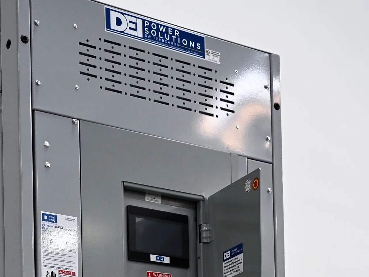 DEI remote power panel, close view of the nameplate and metering display