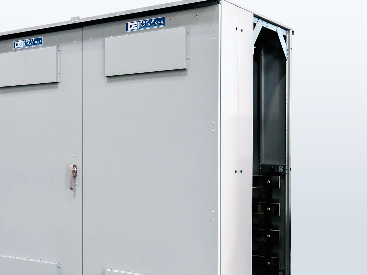DEI outdoor NEMA 3R switchboard enclosure, close view of the open end section