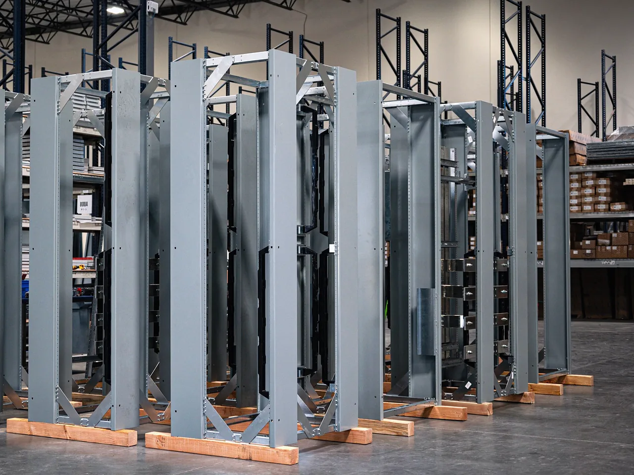 DEI switchboard frames in assembly at DEI’s shop