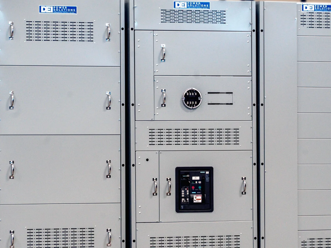 DEI low-voltage switchgear at DEI’s shop, close view of the main section