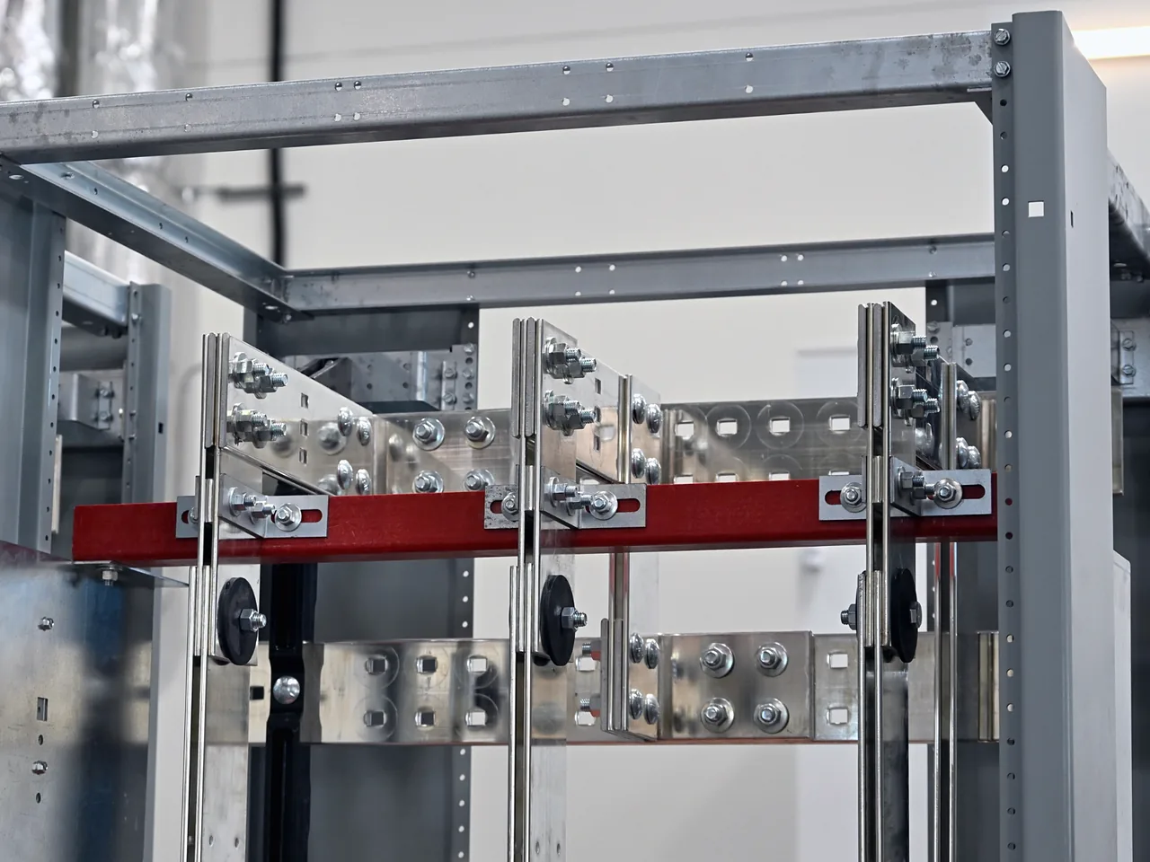 Bus bars in a DEI switchboard frame, close view