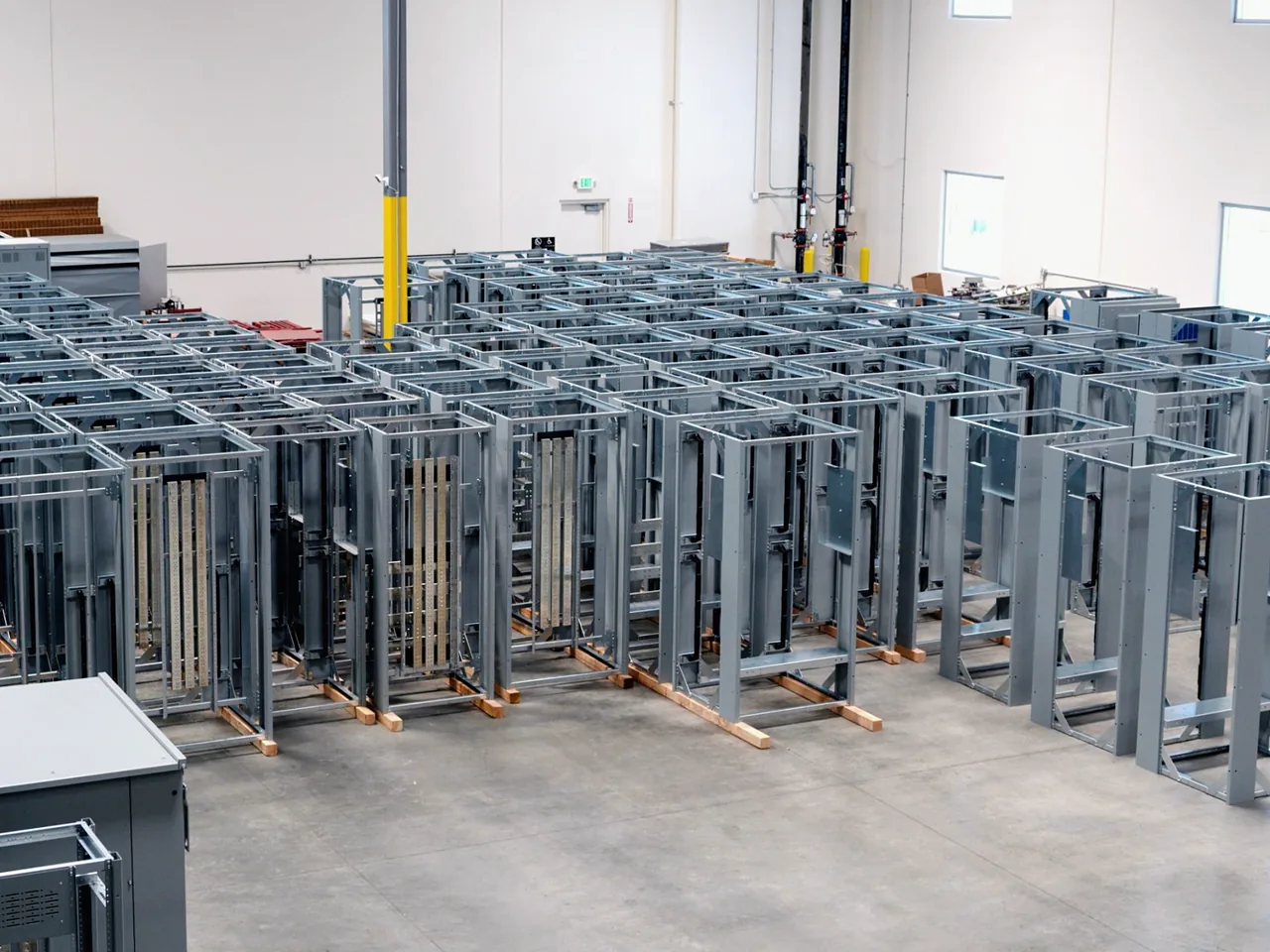 DEI switchboard frames in assembly at DEI’s shop